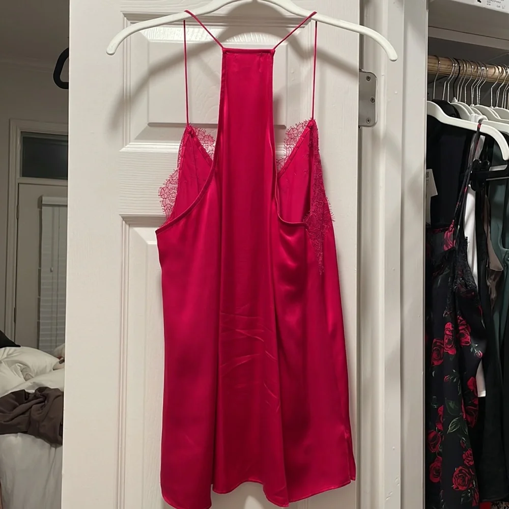 CAMI NYC Racer Charmeuse Cami in Hot Pink with Lace Trim - Picture 2 of 4
